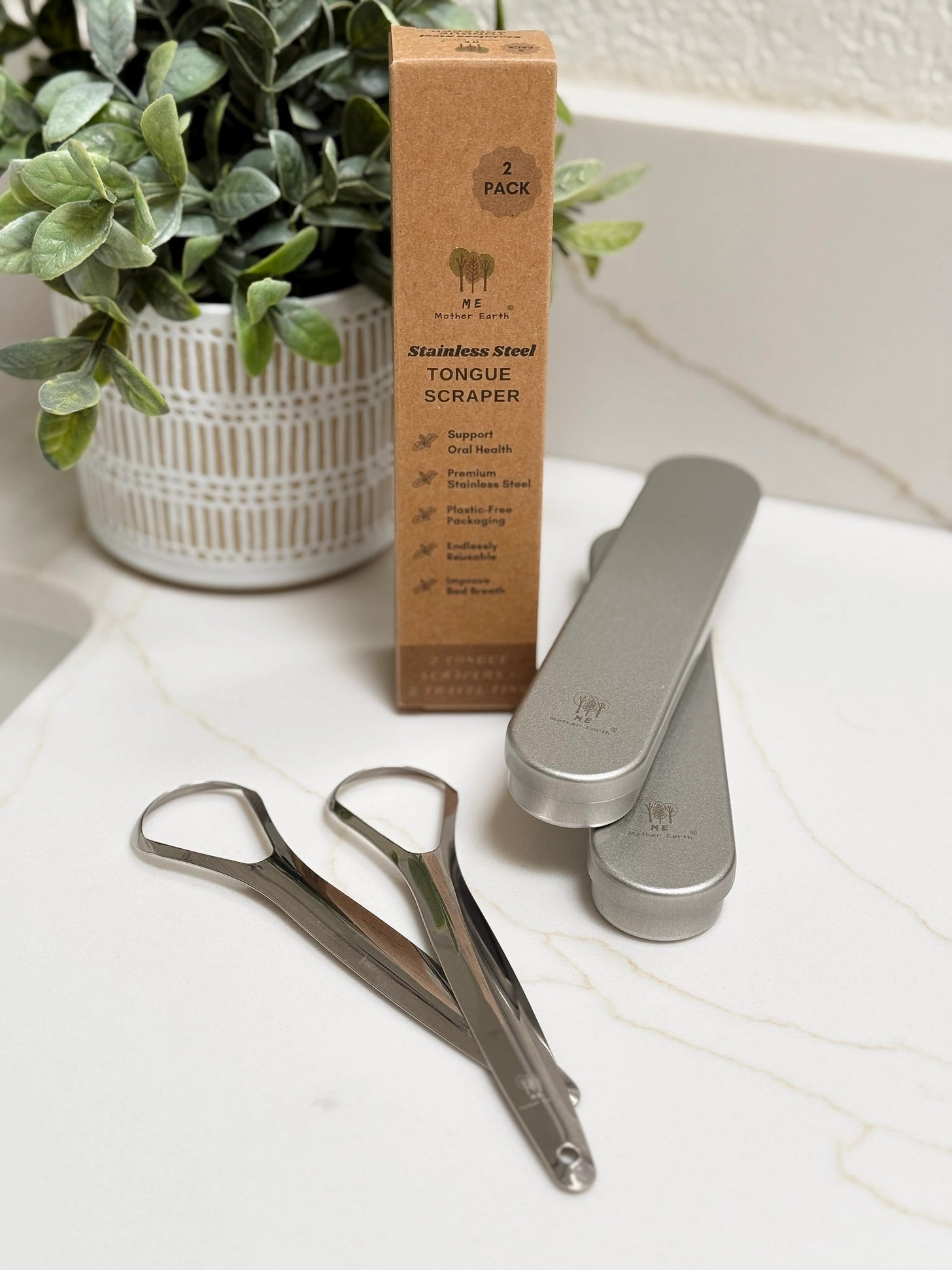 Stainless Steel Tongue Scrapers- 2pk with Travel Tins