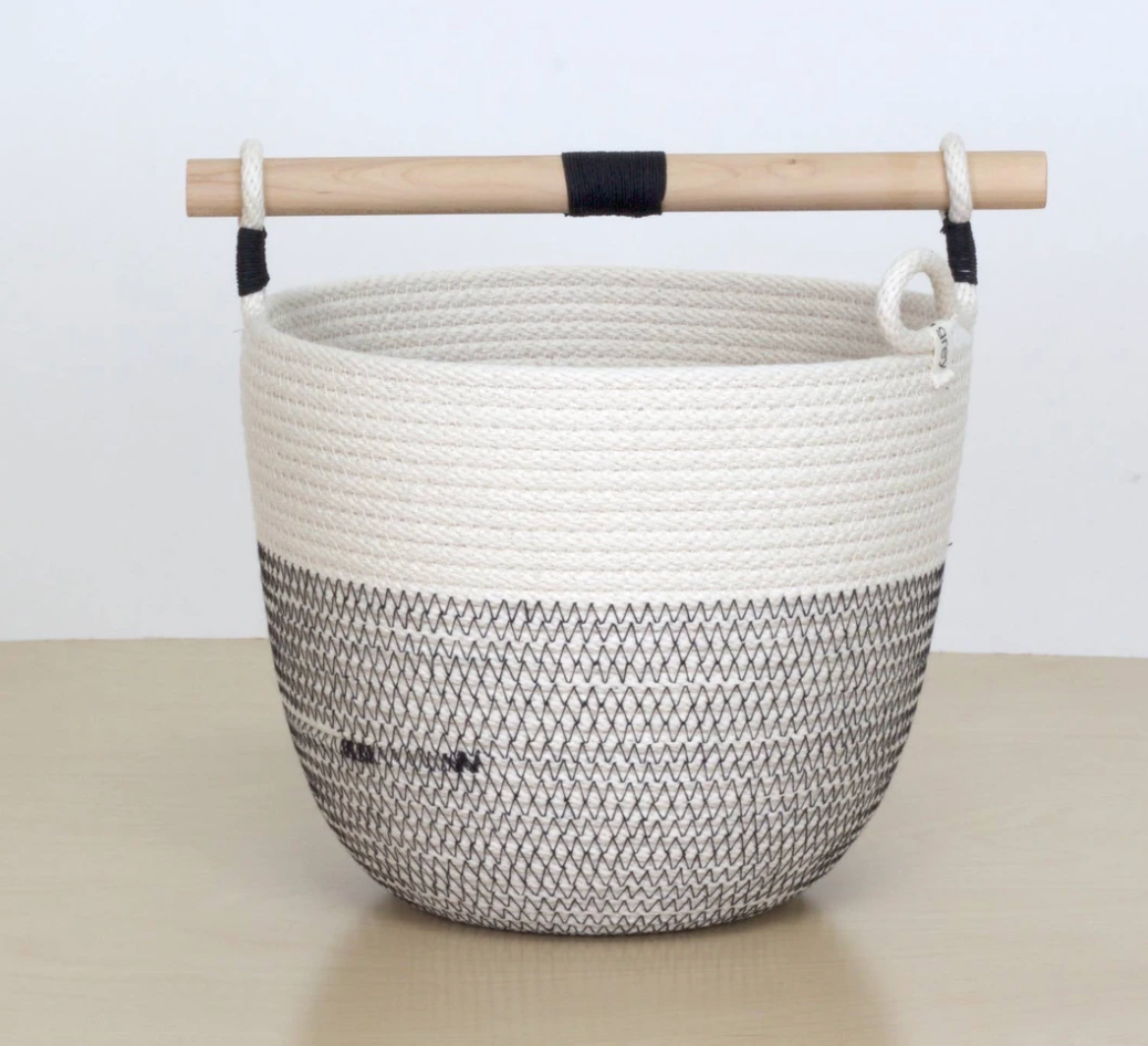 Woven Grey Basket With Wooden Handle